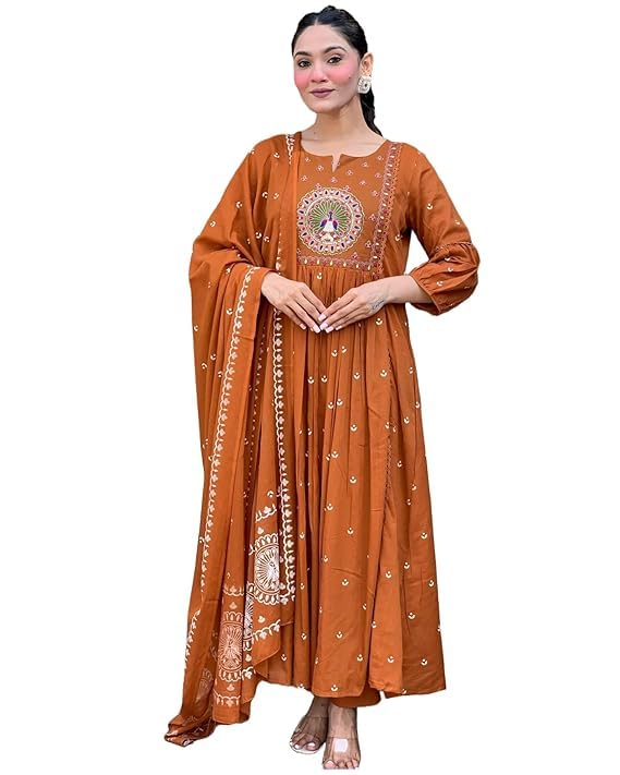 Rayon Printed Anarkali Kurta Set Rust