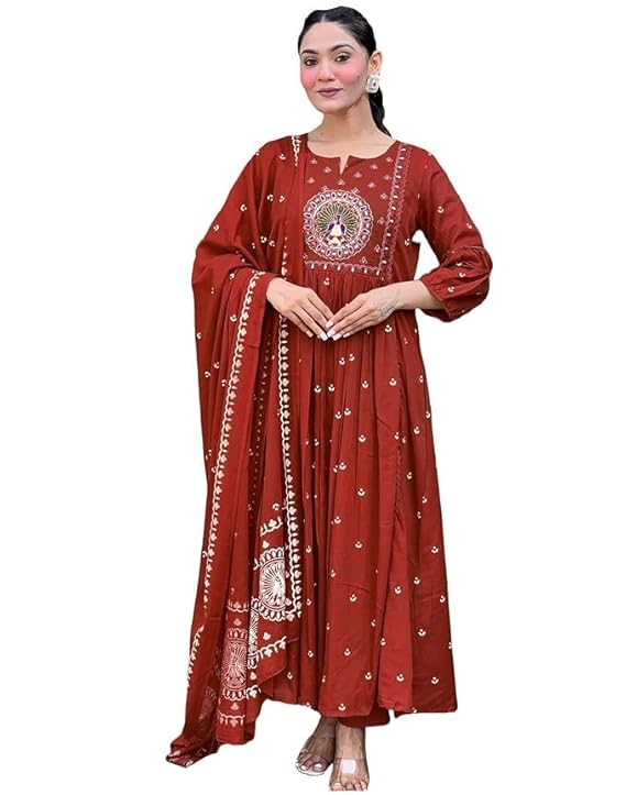 Rayon Printed Anarkali Kurta Set Maroon