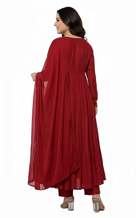 Solid Anarkali Kurta and Pant Red