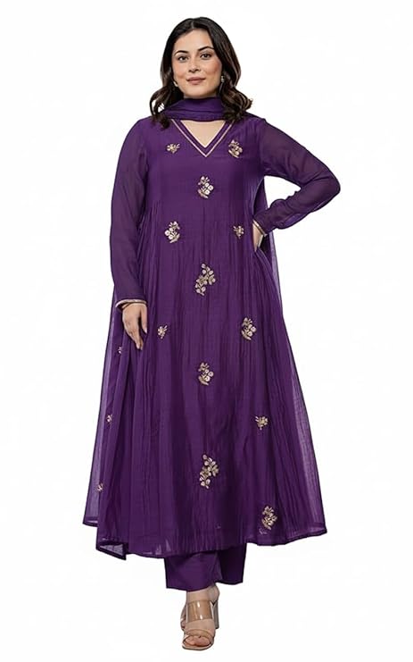Solid Anarkali Kurta and Pant Purple