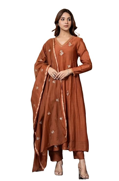Solid Anarkali Kurta and Pant Orange