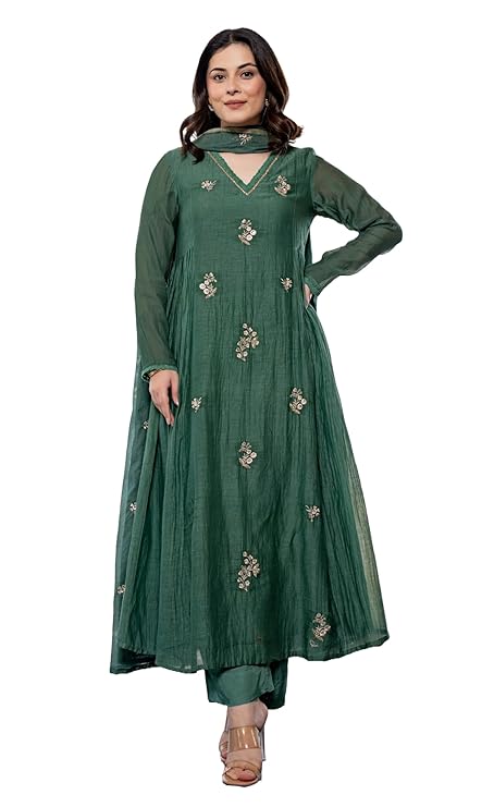 Solid Anarkali Kurta and Pant Green