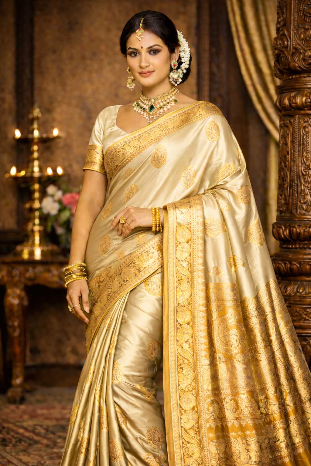 Ivory Cream Premium Silk Saree
