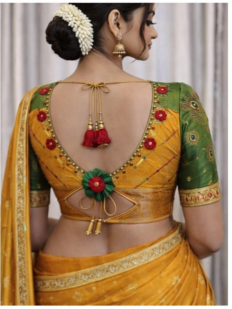 Mustard Yellow & Bottle Green Designer Blouse