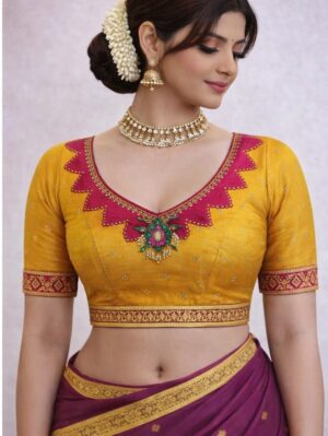 Mustard Yellow & Rani Pink Scallop-Neck Designer Blouse