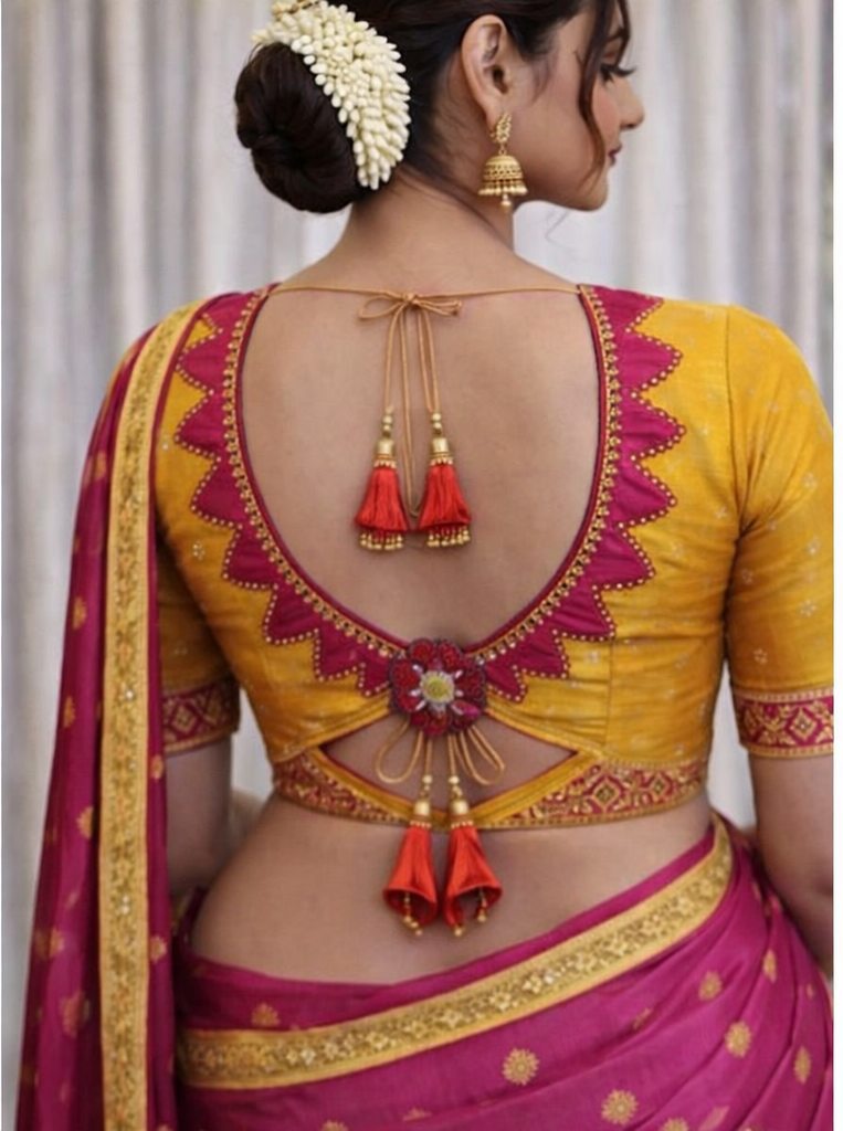 Mustard Yellow & Rani Pink Scallop-Neck Designer Blouse