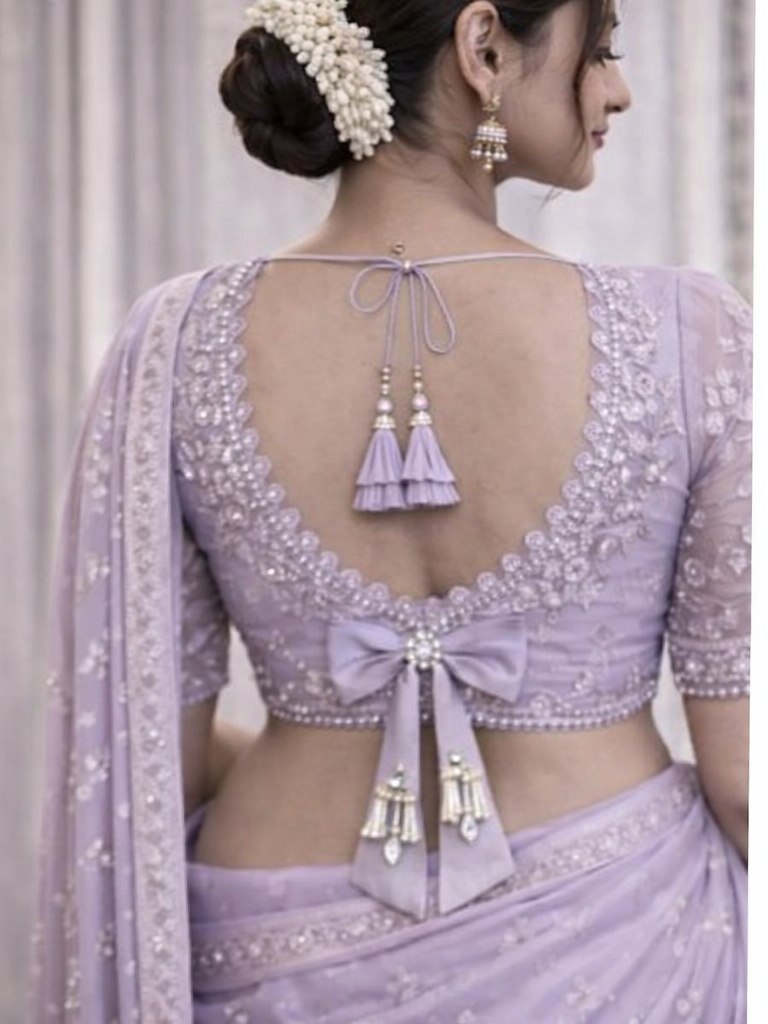 Lavender Pearl-Embroidered Designer Blouse with Bow Tie-Up Back