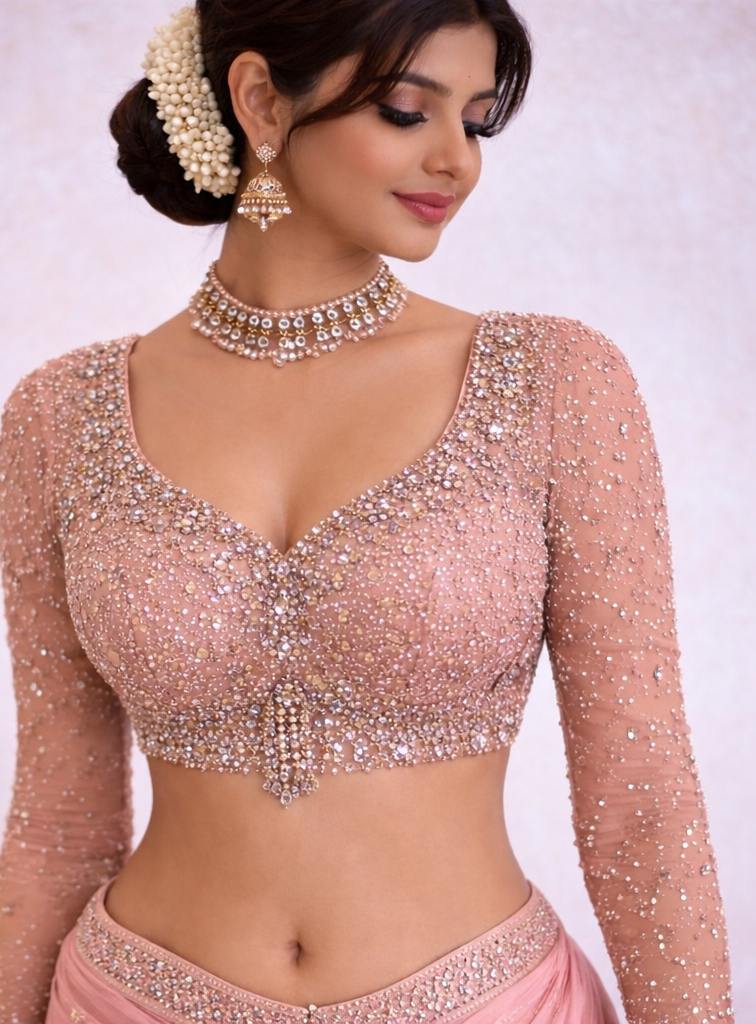 Pastel Pink Heavy Stone Work Designer Blouse