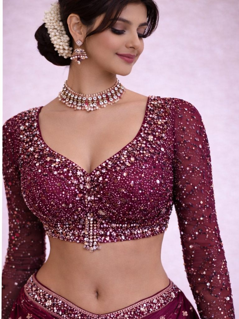 Wine Maroon Heavy Stone Work Designer Blouse