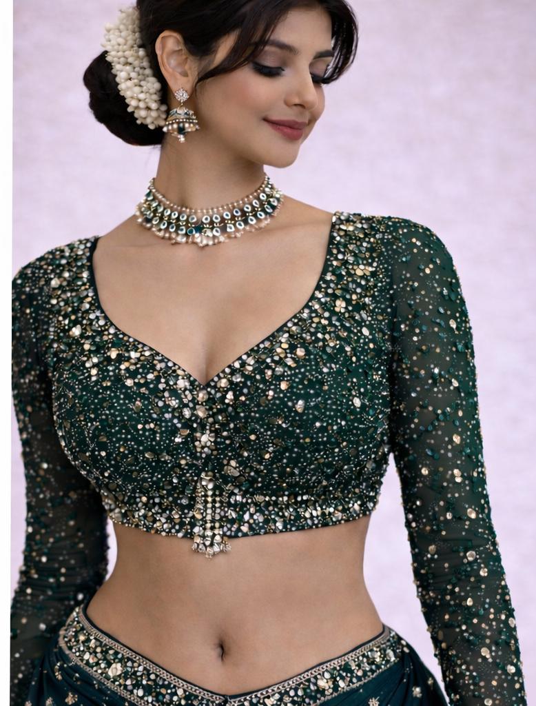 Bottle Green Heavy Stone Work Designer Blouse