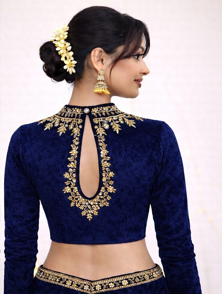 Royal Blue Velvet Heavy Stone Work Designer Blouse