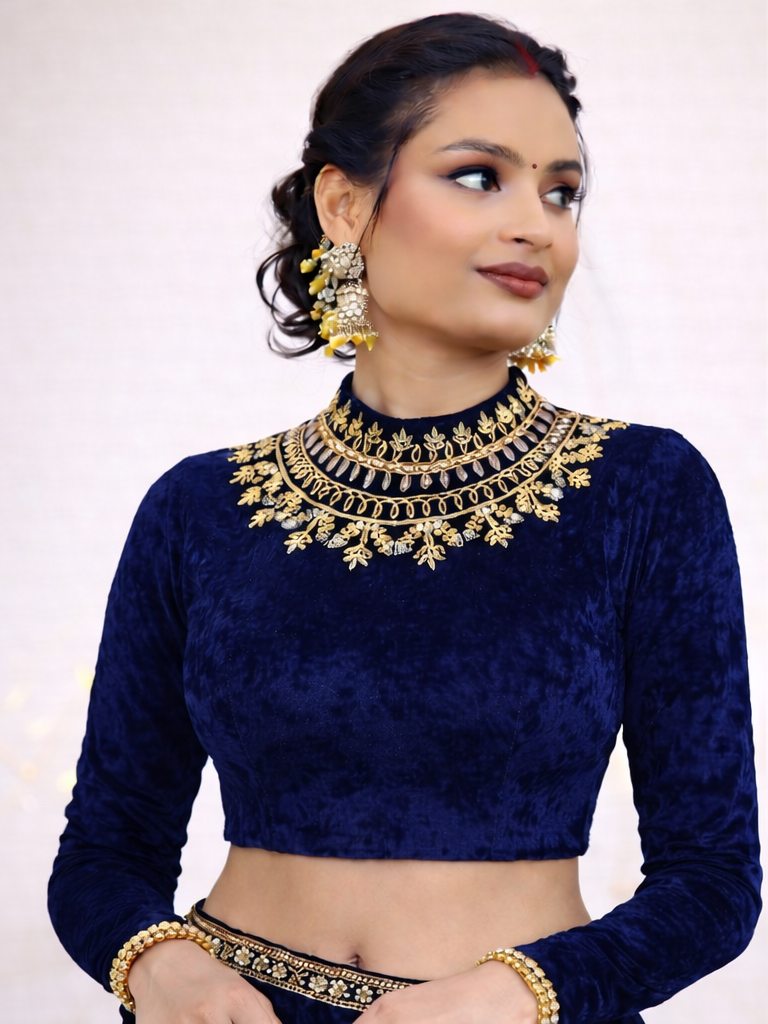 Royal Blue Velvet Heavy Stone Work Designer Blouse