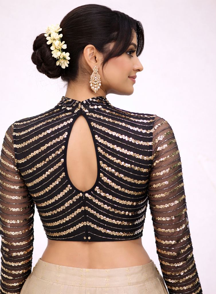 Black Sequin High-Neck Designer Blouse
