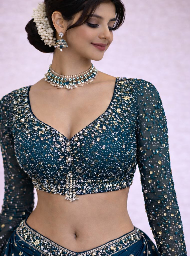 Teal Blue Heavy Stone Work Designer Blouse