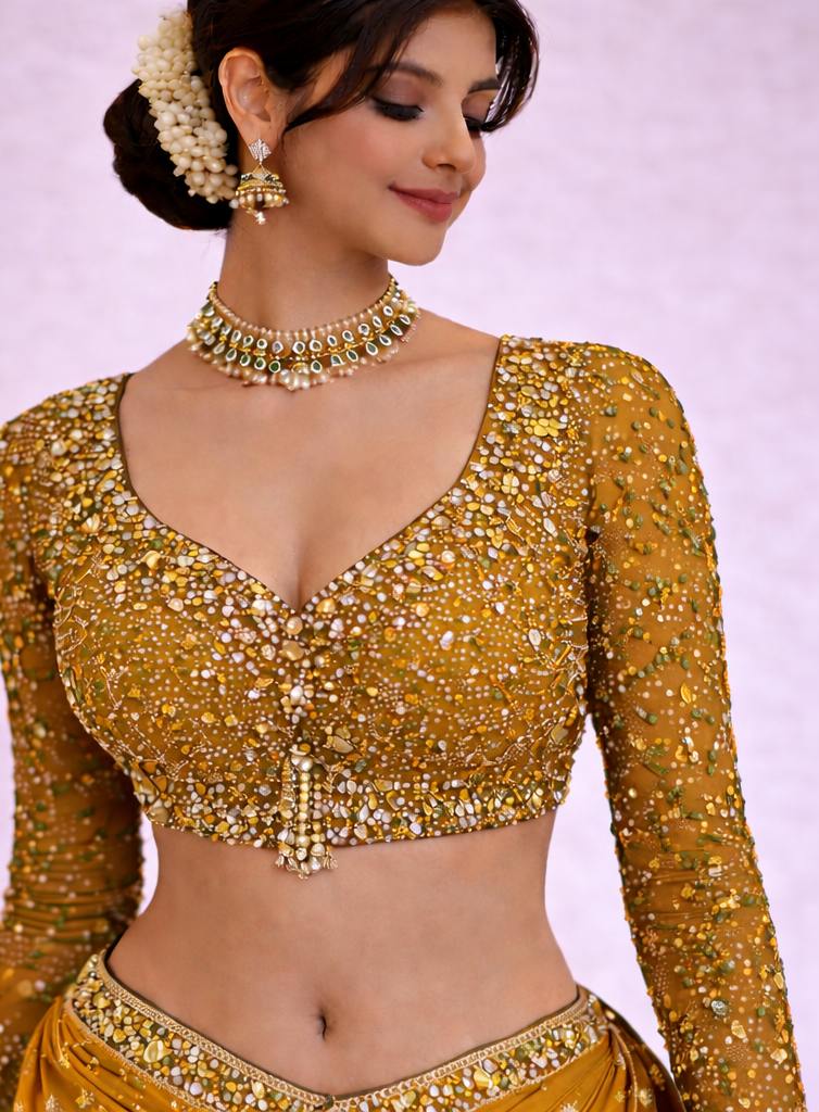 Mustard Yellow Heavy Stone Work Designer Blouse