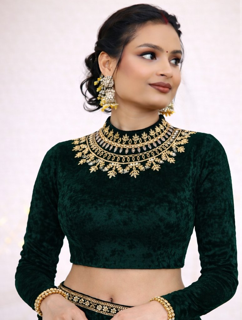 Emerald Green Velvet Heavy Stone Work Designer Blouse