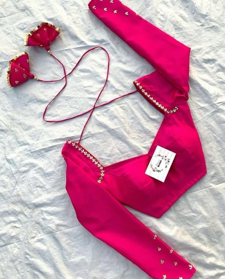 Hot Pink Designer V-Neck Saree Blouse with Tassels