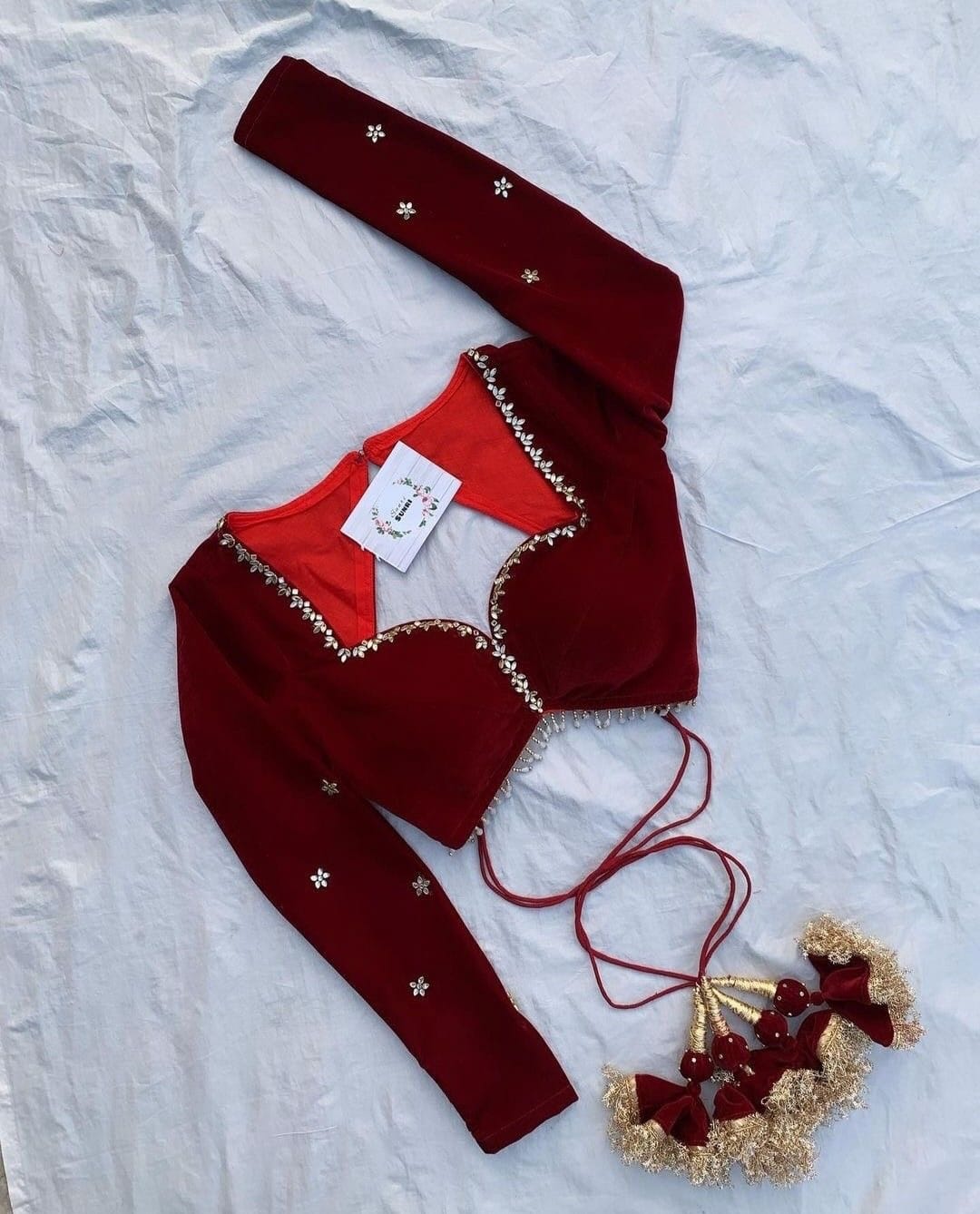 Maroon Velvet Designer Sweetheart Neck Saree Blouse with Tassels