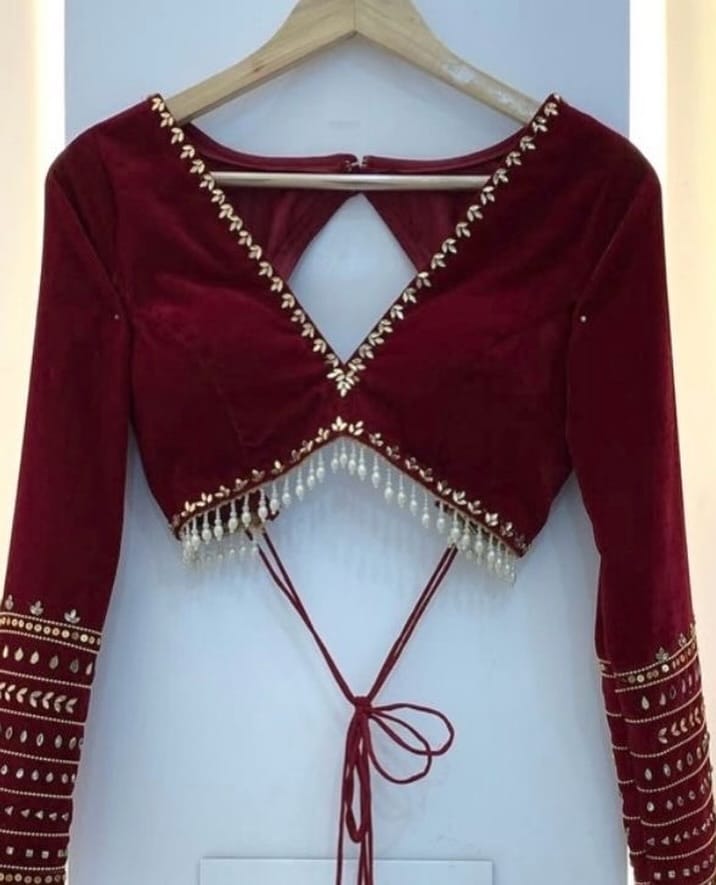 Maroon Velvet Designer Cutwork Saree Blouse