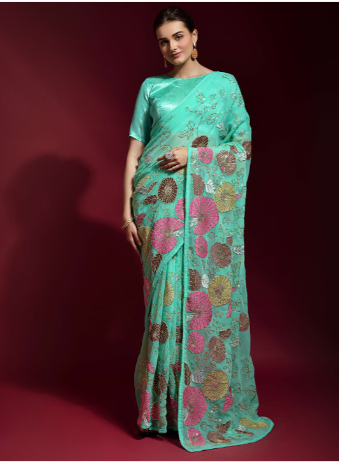 Ethnic Motifs Embroidered Pure Georgette Saree