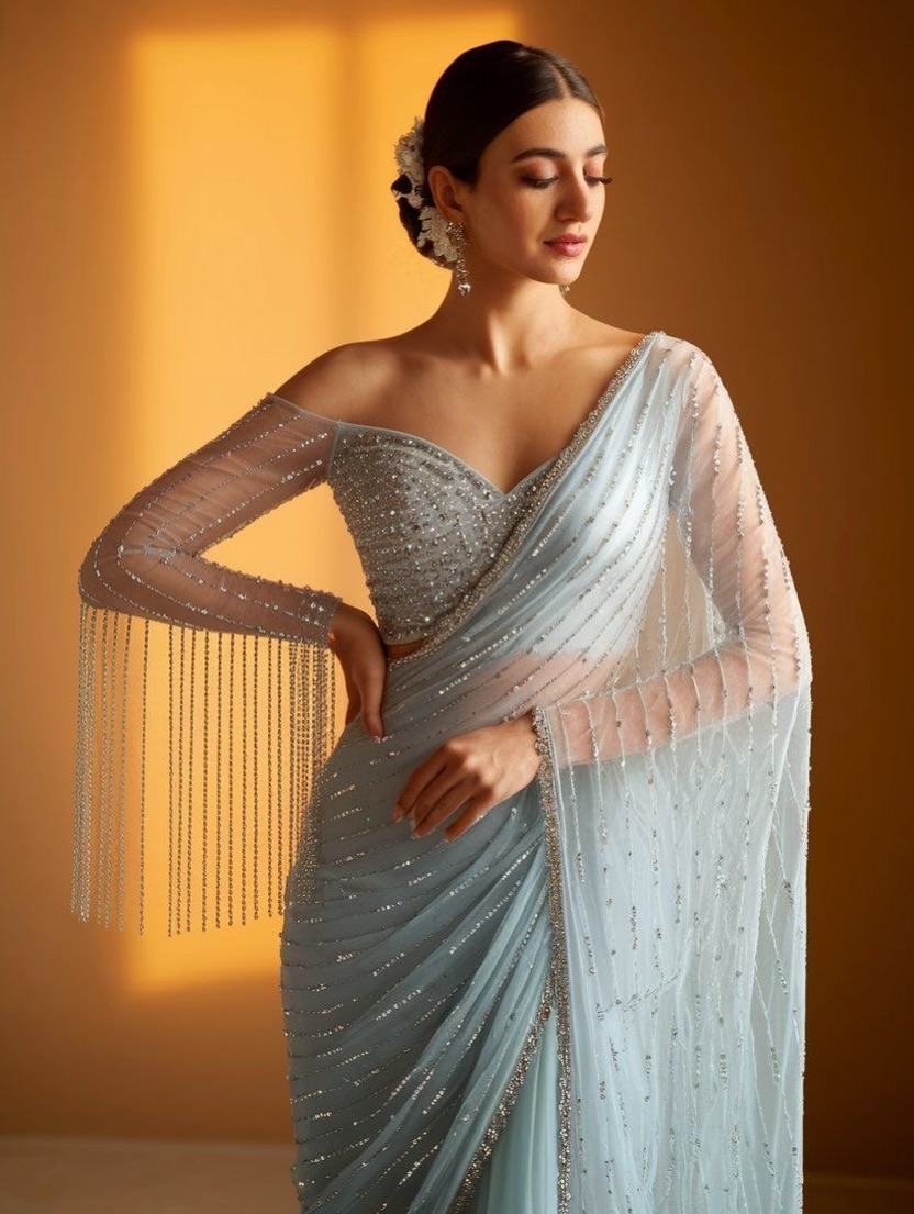 Ice Blue Crystal Fringe Net Saree