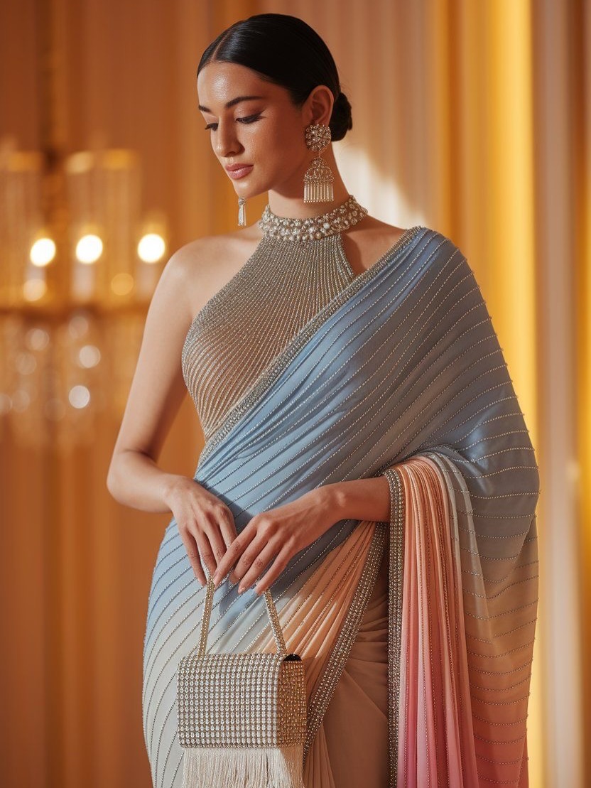 Pastel Blue–Peach Ombré Net Saree