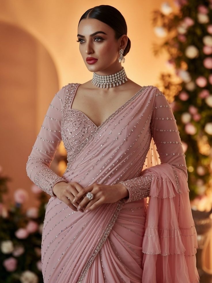 Blush Pink Crystal Embellished Net Saree