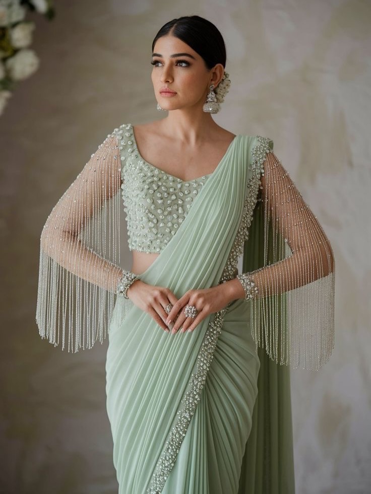 Mint Green Pearl Embellished Designer Net Saree