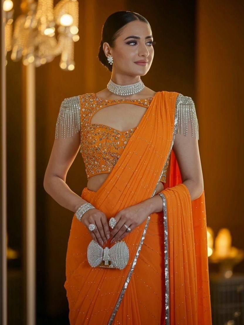 Orange Crystal Embellished Net Saree with Cut-Out Blouse