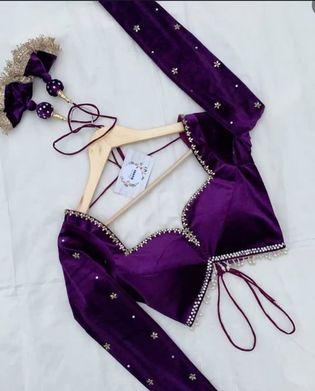 Purple Velvet Designer Sweetheart Neck Saree Blouse