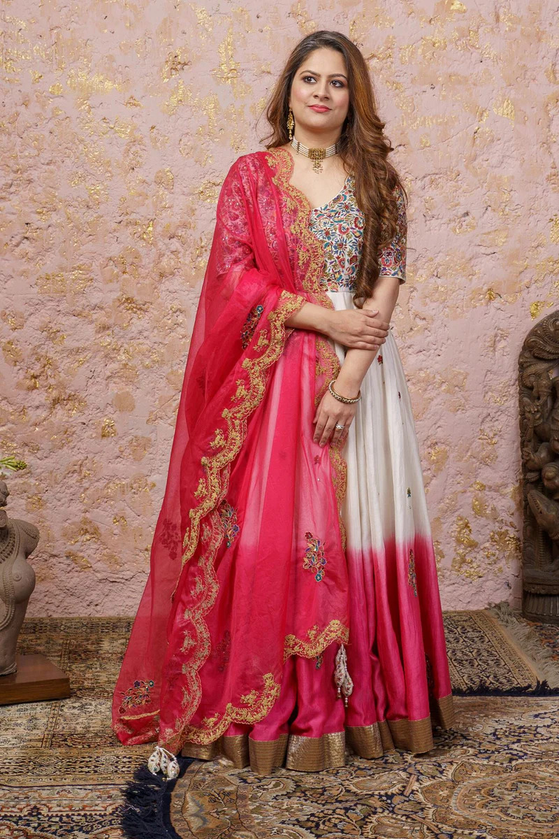 Pink & White Ombré Anarkali Set With Dupatta